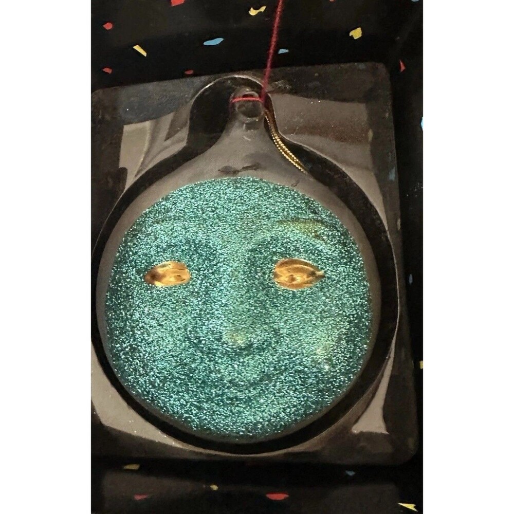 Cirque Du Soleil Dept 56 Gold Blue Blown Glass Moon Face Glitter Ornament NIB